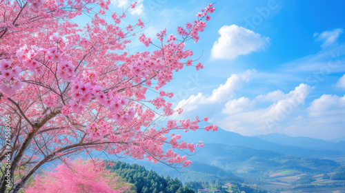 Beautiful cherry blossom sakura (Prunus Cesacoides) in spring time over blue sky. In the last days of winter, the Mai Anh Dao cherry blossoms in Da Lat, Lam Dong province are creating beautiful scene.