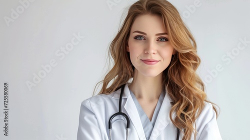 Female doctor smiles happily on white background