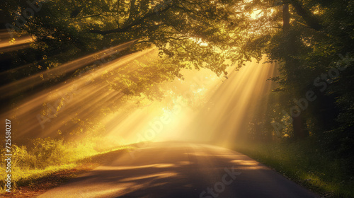 Golden majestic light beams shining through tree on the road in the morning. © Santy Hong