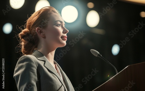 Elegant professional woman speaking confidently at a podium with a microphone.