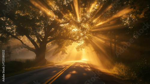 Golden majestic light beams shining through tree on the road in the morning.