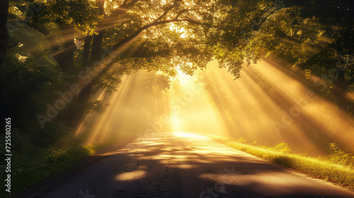 Golden majestic light beams shining through tree on the road in the morning.