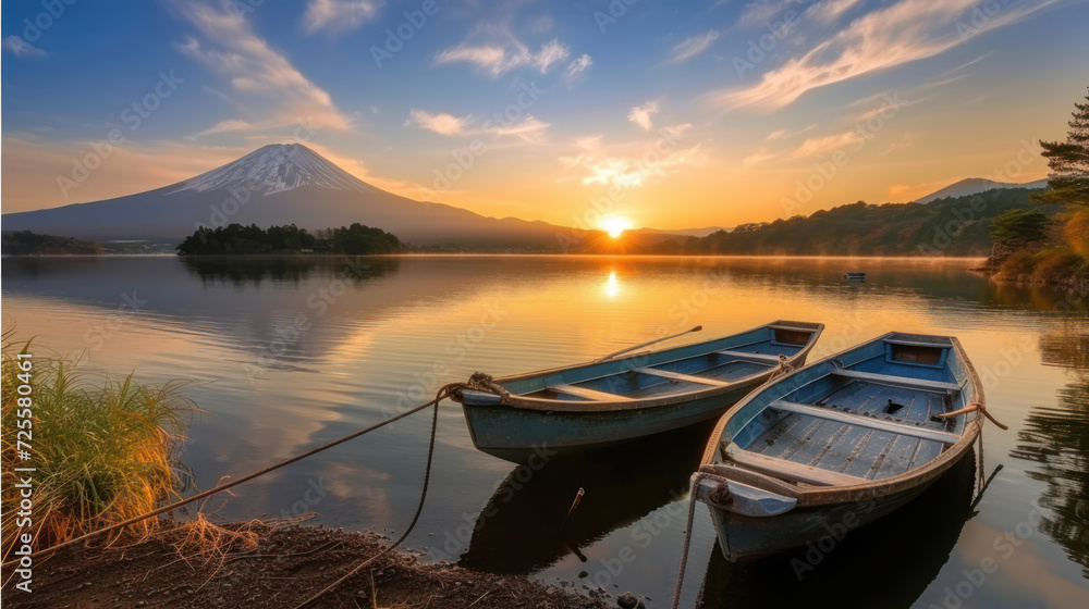 Beautiful scenery during sunrise of Lake Saiko in Japan with the rowboat parked on the waterfront and Mountain Fuji background. Travel and Attraction Concept.