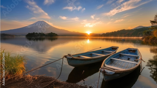 Beautiful scenery during sunrise of Lake Saiko in Japan with the rowboat parked on the waterfront and Mountain Fuji background. Travel and Attraction Concept. © Santy Hong