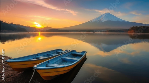 Beautiful scenery during sunrise of Lake Saiko in Japan with the rowboat parked on the waterfront and Mountain Fuji background. Travel and Attraction Concept.