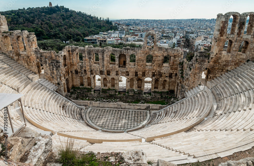 ancient theater on the background of Athens Greece