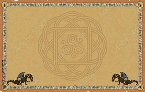 Large Parchment with Medieval Frame, Dragons, Celtic Motif