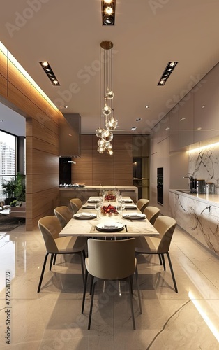 a beautiful modern luxury dining room with dining table and chairs