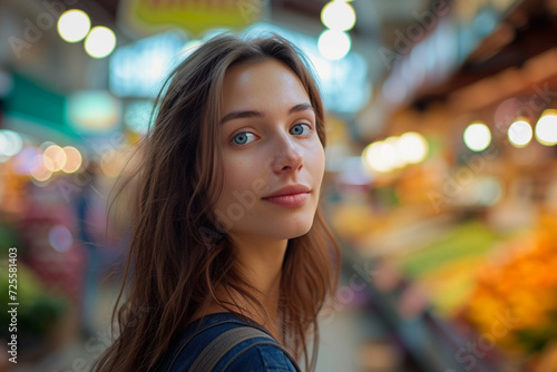 Brunette woman in a shop blurred background, ai technology