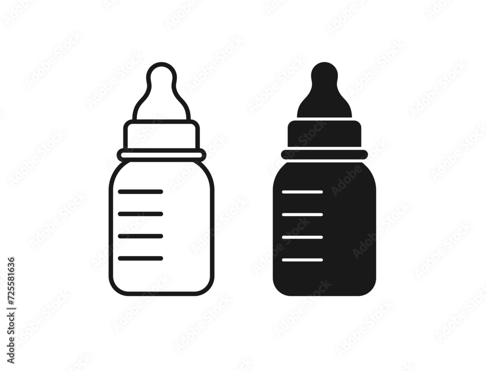 Icons of baby bottles for milk and food. Symbol of child nutrition, drink for infants and newborn kids in plastic or glass bottles with pacifier and ruler scale, vector isolated flat illustrations Icons of baby bottles for milk and food. Symbol of child nutrition, drink for infants and newborn kids in plastic or glass bottles with pacifier and ruler scale, vector isolated flat illustrations