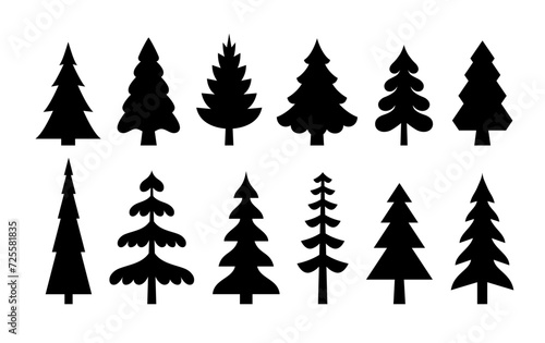 Pine tree silhouettes set. Christmas trees of different shapes icon collection. Wood and forest symbol.