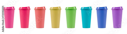 Colorful Empty plastic cup sets isolated on white background with clipping path. photo