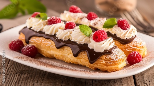 Assorted french eclair desserts with various flavors and colors on a white plate