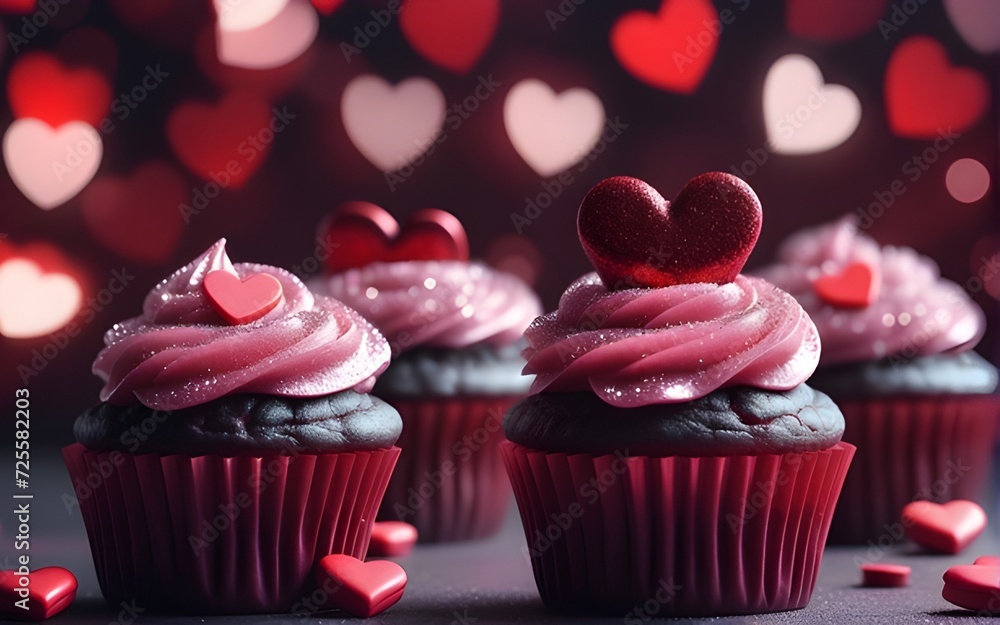 Sweet cupcakes with adorable heart-shaped toppings and a festive background. Generative AI.