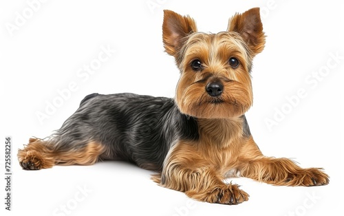A cute Yorkshire Terrier dog lying down, looking at the camera, isolated on a white background.