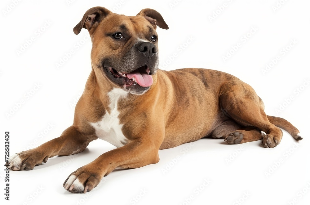 A happy, brown and white dog laying down, looking to the side with its tongue out on a white background.