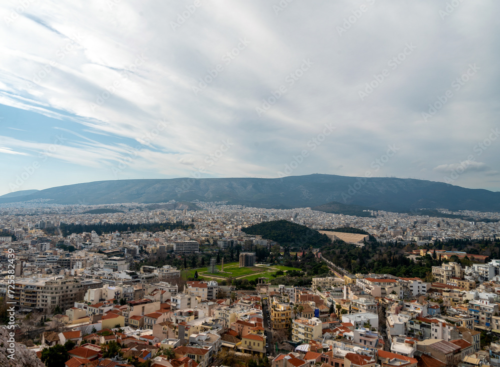 panorama view of Athens Greece and mountains