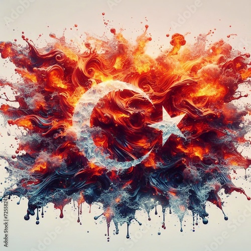 Turkiye flag what Splash of water and flame. AI generated illustration