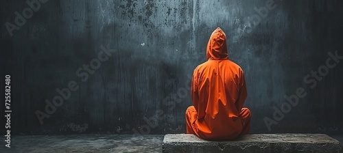 Vászonkép Lonely man in orange prison outfit sitting on bench in jail cell with copy space