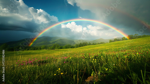 Beautiful rainbow under the meadow. 