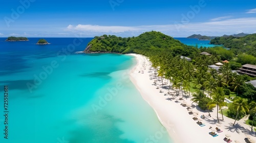 Aerial view of beautiful tropical beach with white sand  turquoise water and blue sky.