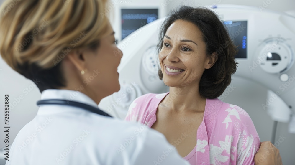 Nurse Assisting Patient Undergoing Mammogram In the Hospital, Female Patient Undergoing Mammogram Screening Procedure. Healthy Young Female Does Cancer Preventive Mammography Scan. Modern Hospital. Nurse Assisting Patient Undergoing Mammogram In the Hospital, Female Patient Undergoing Mammogram Screening Procedure. Healthy Young Female Does Cancer Preventive Mammography Scan. Modern Hospital.