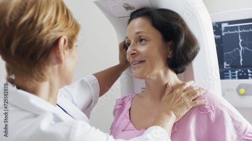 Nurse Assisting Patient Undergoing Mammogram In the Hospital, Female Patient Undergoing Mammogram Screening Procedure. Healthy Young Female Does Cancer Preventive Mammography Scan. Modern Hospital.