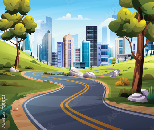 Winding road to city landscape illustration. Nature highway through meadow and trees to city cartoon vector background