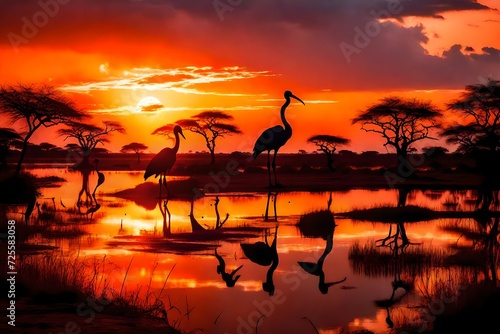 Landscape of Africa with warm sunset, beautiful nature, dramatic red sky, silhouettes of big Ibis birds, wildlife safari, Eco travel and tourism, South Africa, Kruger national park, Sabi Sand
