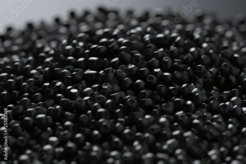Black plastic pellets. Industrial polymer texture heap dark particles. Generate ai