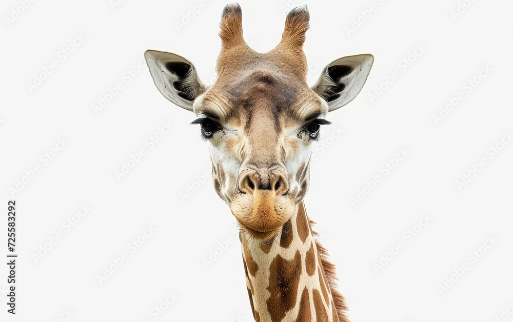 Close-up of a giraffe's head and neck, showcasing its intricate patterns, large eyes, and long eyelashes against a white background.