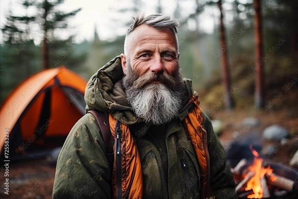 Portrait of senior man with long beard and mustache standing near tent in forest Portrait of senior man with long beard and mustache standing near tent in forest