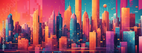 Abstract background with a geometric pattern of pixelated buildings and vibrant colors, creating a playful and modern illustration for tech or gaming brochure templates.
