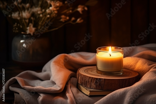 Close-Up Lit Candle with Rustic Decor. Warm lit candle on wooden stand with book and flowers creates a cozy atmosphere.