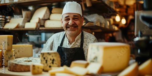 Cheerful artisan cheesemaker posing in a cheese shop. authentic portrait, small business owner. traditional craftsmanship. AI photo