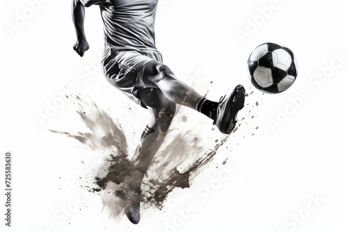 Soccer players in action, kicking soccer balls, sports collage soccer, players running and kicking a soccer ball, football stadium, flame symbol, burning fire flames, fiery ball on white, ai generated photo