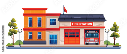 Fire station building with fire truck. Fire department office vector illustration isolated on white background photo