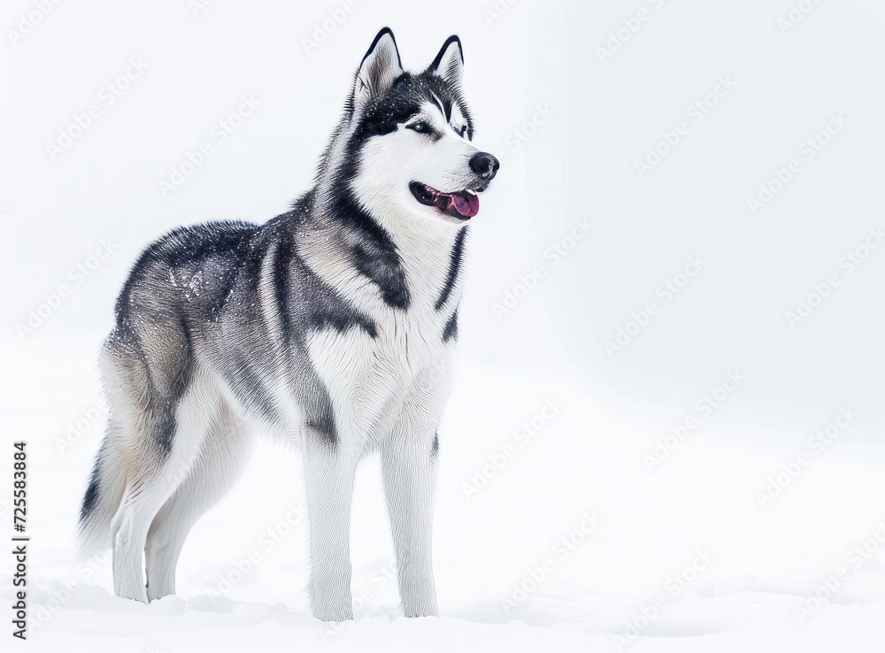 A Siberian Husky stands majestically in the snow, showing off its thick black and white fur and blue eyes.