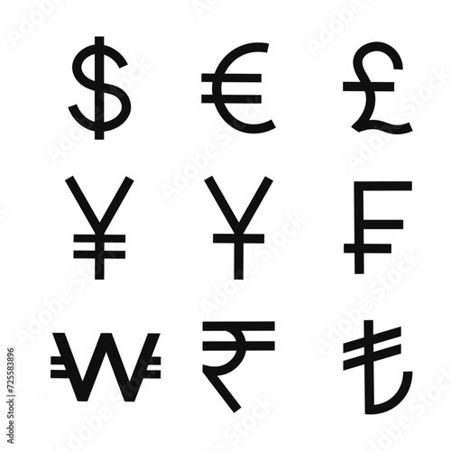 Set of the most popular currency symbol, dollar yuan euro pound yen rupee franc lira. Vector illustration photo