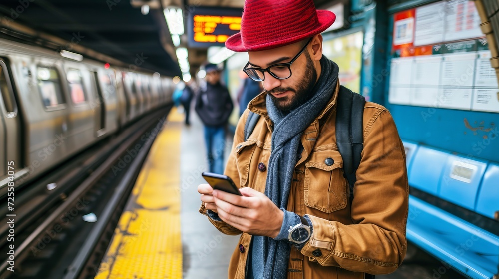 Young man standing on underground train station platform, using mobile phone to check for directions Young man standing on underground train station platform, using mobile phone to check for directions