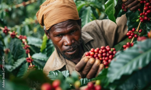 African worker is gathering coffee beans on plantation in bushy wood