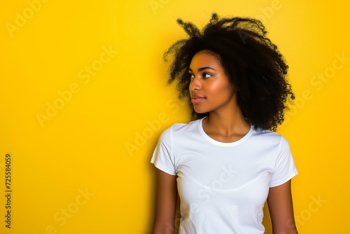black woman wearing a white blank t shirt on a bold yellow background mockup