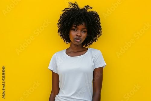 black woman wearing a white blank t shirt on a bold yellow background mockup © World of AI