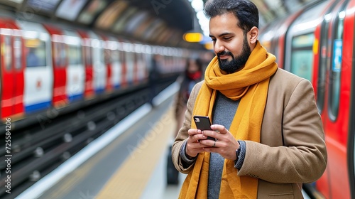 Young man at underground station platform, deeply engrossed in consulting his mobile phone