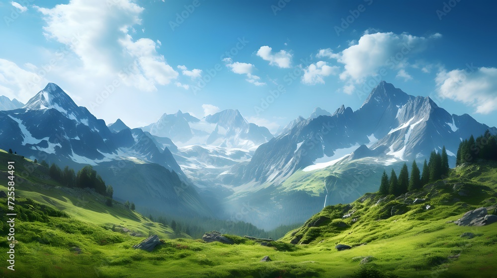 Panoramic view of alpine meadow and mountains under blue sky - obrazy, fototapety, plakaty 