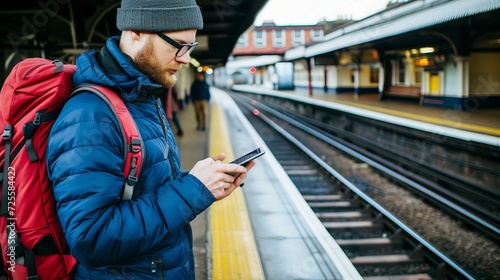 Young man engrossed in using his smartphone while waiting on a train station platform