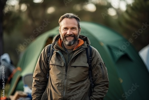 Portrait of a happy mature man standing in front of his tent