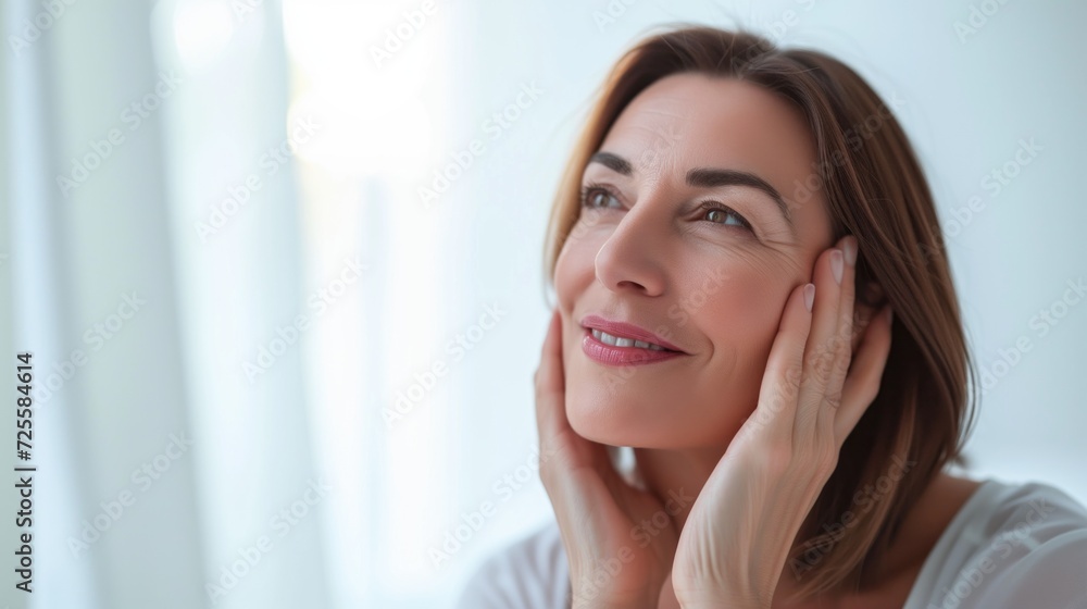Beautiful 50s mid aged brunette mature woman with glowing skin looking at camera isolated on white touching face Beautiful 50s mid aged brunette mature woman with glowing skin looking at camera isolated on white touching face