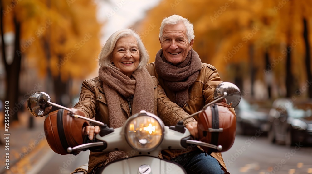 Happy retired couple exploring european city on a scooter with copy space for text placement