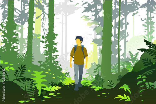 young man adventures in the deep forest, vector illustration